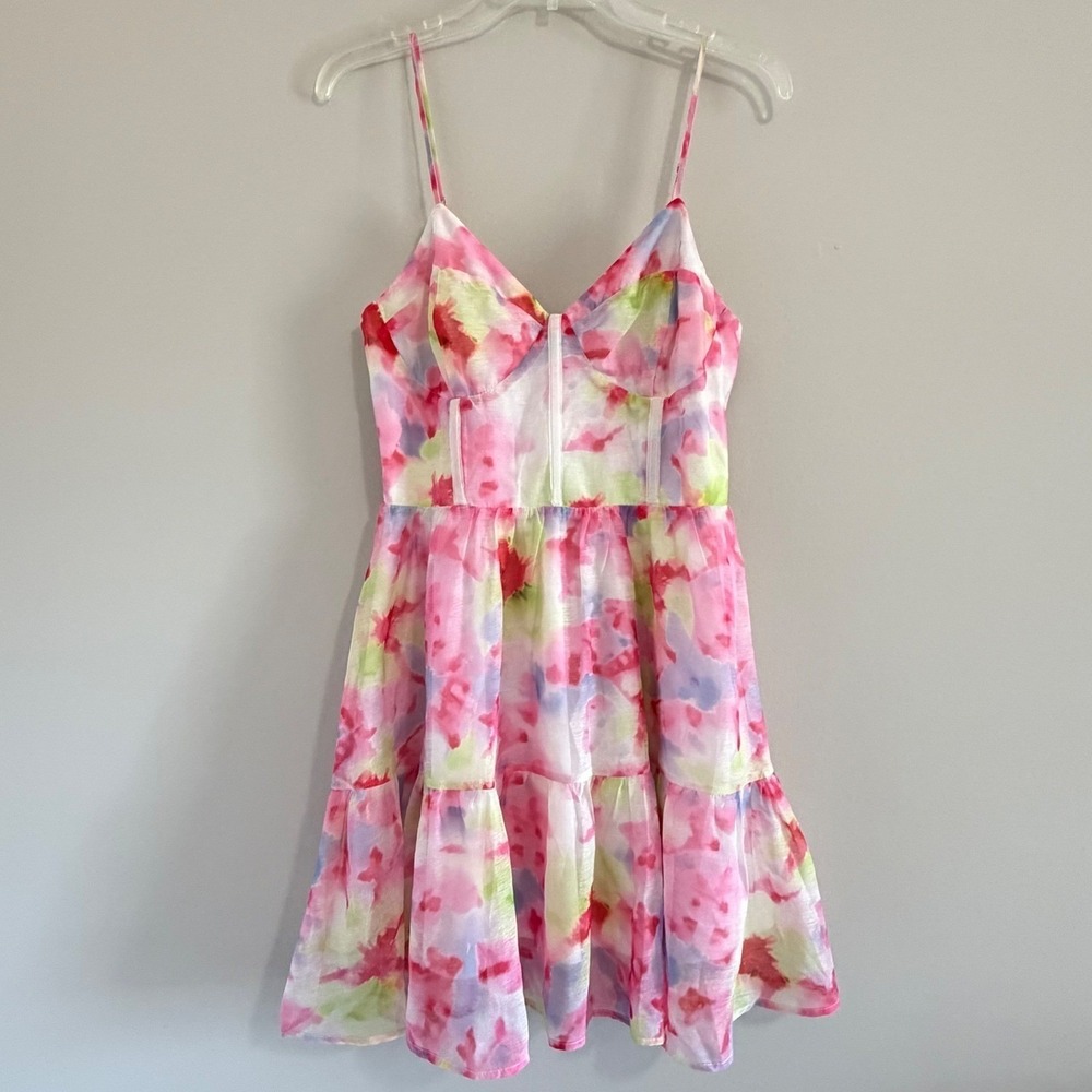 NWT Vestique Womens Small Pink Watercolor Floral Corset Tiered Mini Dress